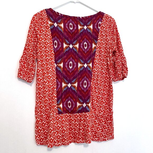 ANTHROPOLOGIE AKEMI KIN Ikat Split Neck Top Orange / Red Aztec Embroidered Boho - Picture 12 of 16